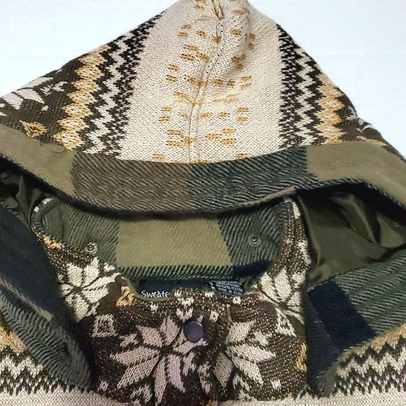 Sweater Project Retro Brown & Tan Grandpa Plaid Chunky Hooded Buttoned Jacket - Picture 9 of 14